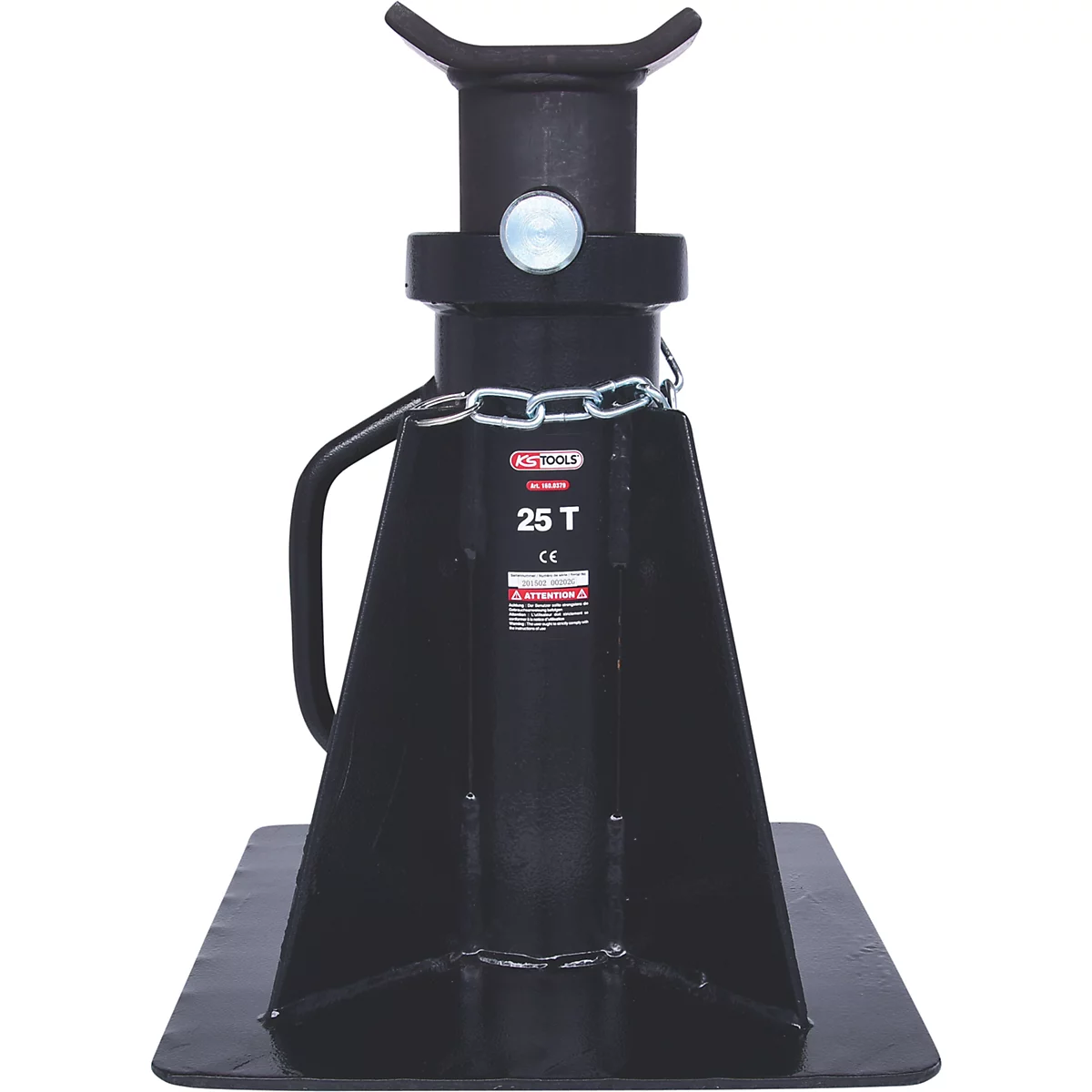 Schwarze Unterstellböcke, Metall, auf einer rechteckigen Basis. Aufschrift: "25 T".